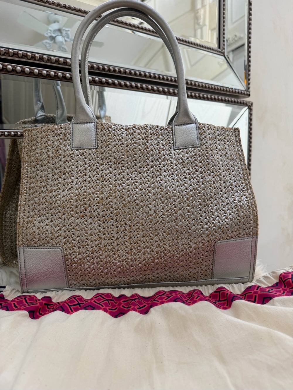 Tory Burch Ella Metallic Straw Raffia Tote Natural Silver Leather - Picture 4 of 7